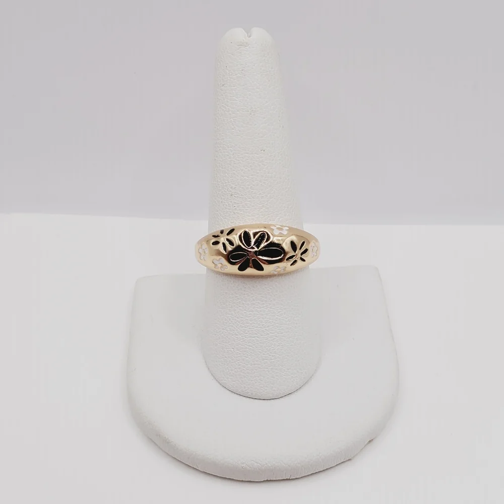 Yellow Gold Plated Floral Flower Enamel Dome Ring